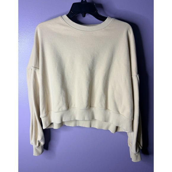 Active Faith Tops - Popflex Women's Small Sweatshirt Belle Crewneck Pullover Beige Puff Sleeve Crop